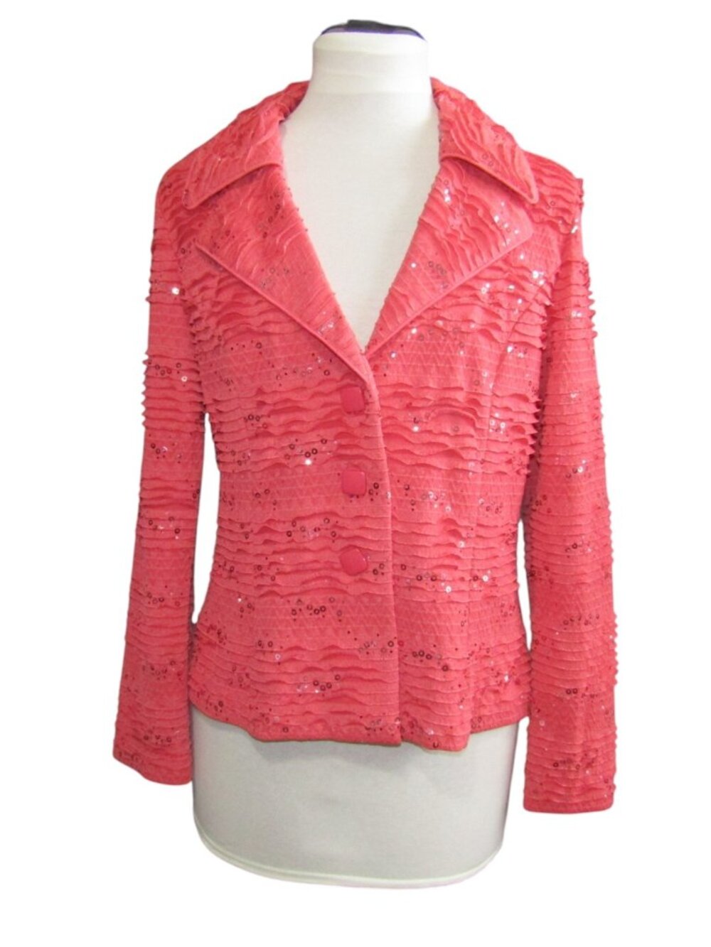 Clara Sun Woo Coral Sequin Ruffle Jacket Womens Size S Blazer Stretch Sparkle